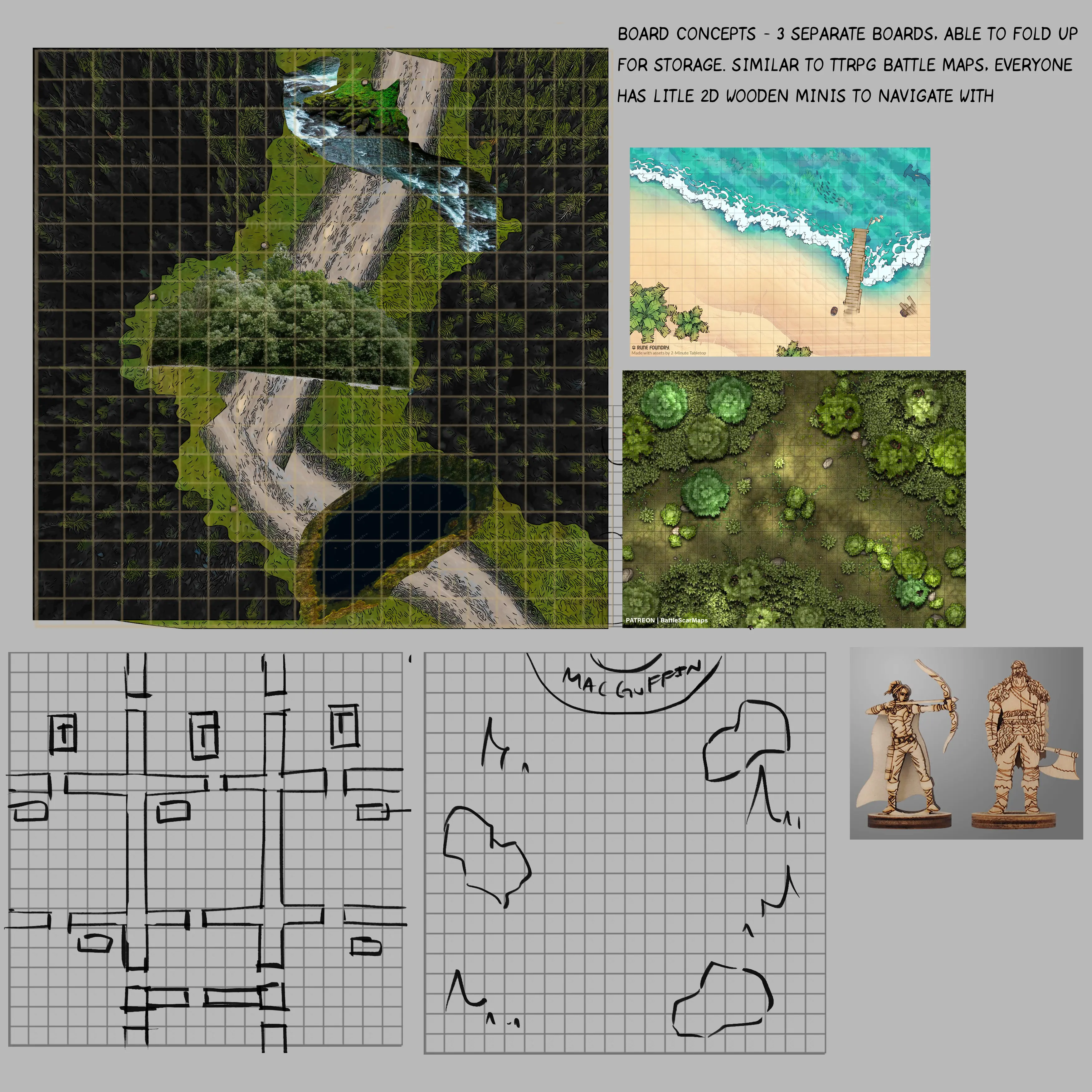 Board design concepts for MacGuffin Mayhem.